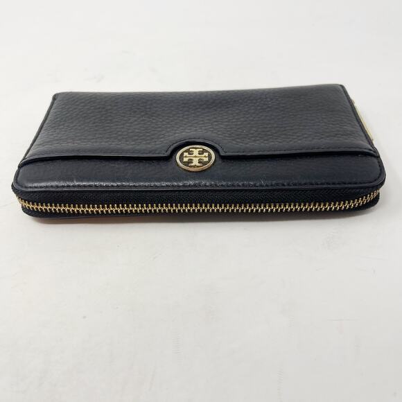 Tory Burch Black Landon Zip Around Continental Wallet Pebbled Leather Gold Tone - Picture 6 of 13
